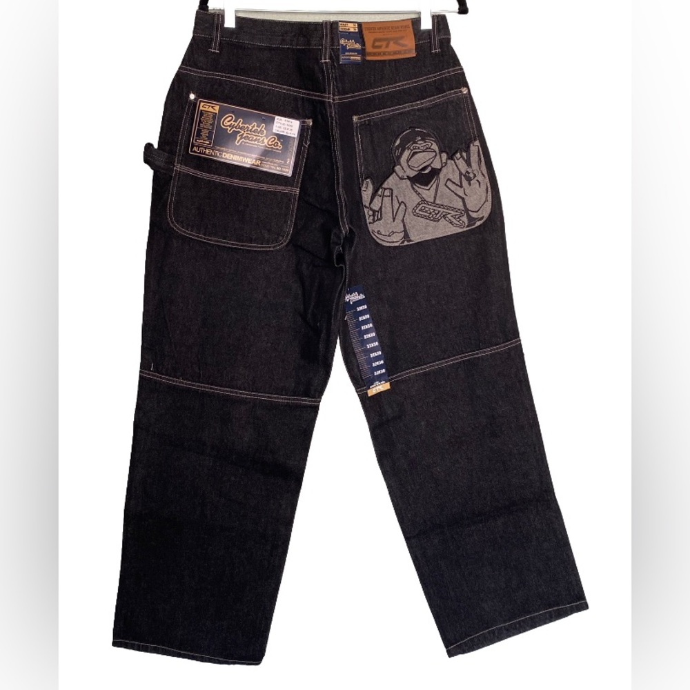Vtg Y2K Cybertek Denim Jeans 32x30 Charcoal Black Embroidered Baggy Jeans